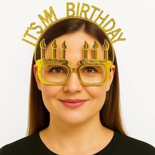 NessiWorld İt&#39;sMyBirthdayYazılıTaçveMumŞekilliGözlükSetiAltınRenk