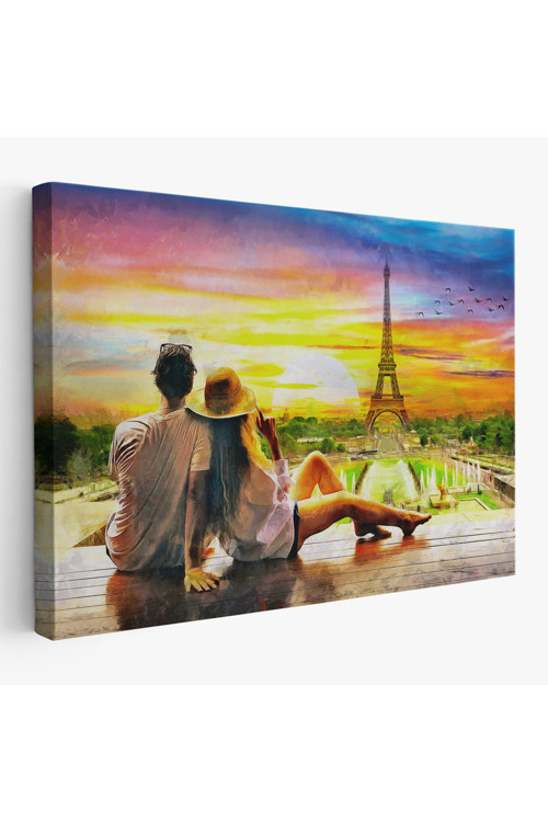 Paris Eyfel Kulesini Seyreden Romantik Çift Kanvas Tablo-3627