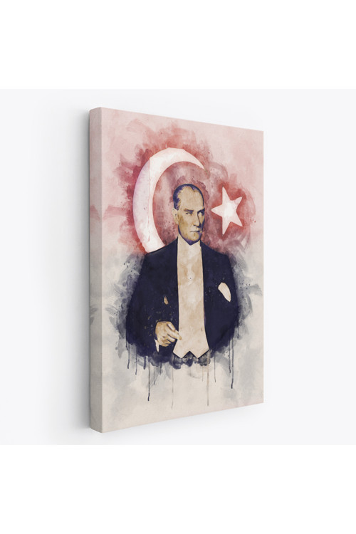 Mustafa Kemal Atatürk Ve Türk Bayrağı Suluboya Görünümlü Dekoratif Kanvas Tablo-Cy-76
