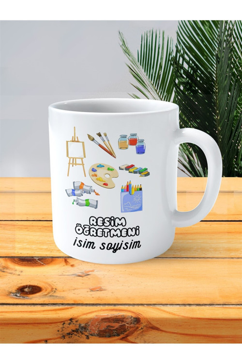 Art hedi̇ye resim öğretmeni baskılı kupa bardak isimli kişiye özel boya fırçası
