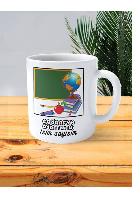 Art hedi̇ye coğrafya öğretmeni baskılı kupa bardak isimli kişiye özel daire küre dünya elma
