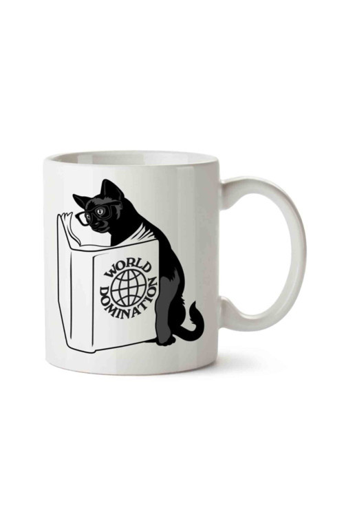 Art hedi̇ye Kitap Okuyan Kedi World Domination Iki Tarafı Baskılı Kupa Bardak