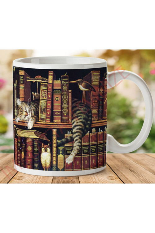 Art hedi̇ye Kitap Ve Kedi Iki Tarafı Baskılı Kupa Bardak