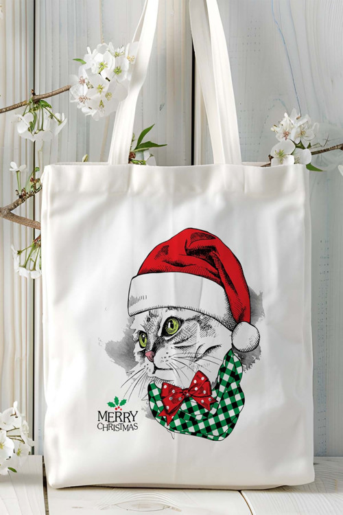 Art hedi̇ye Yılbaşı kedi Baskılı bez Omuz Çantası Kişiye Özel model 20
