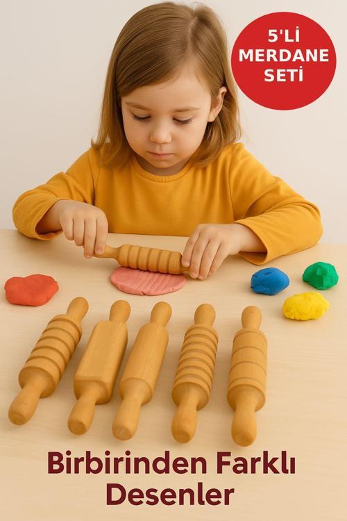 Ahşap 5’li Merdane Seti – Doğal Gürgen, Çocuk Dostu, Oyun Hamuru ve Gıda İçin Uygun