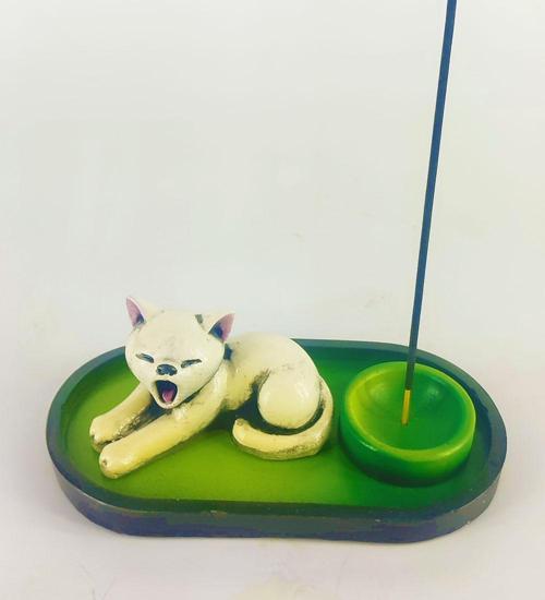 Uykucu Kedi Çubuk Tütsülük ve Tealight (Beyaz)