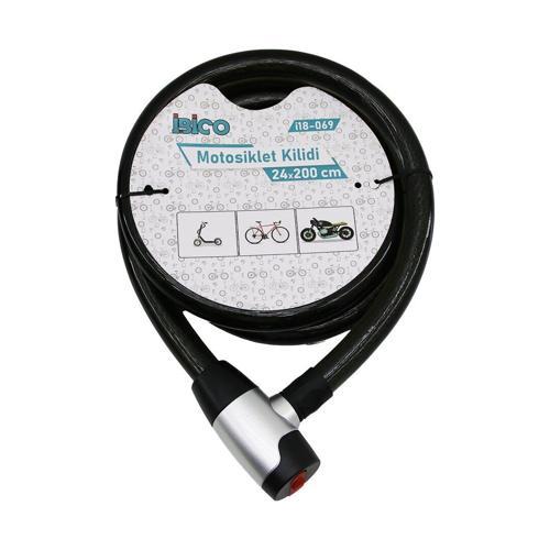 ANAHTARLI METAL KAPLAMA KAFAÇEK-İT KİLİT KAPAKMOTOR - BİSİKLET KİLİT ÇELİK TELSİYAH ŞEFFAF KILIF24MMX200CM  