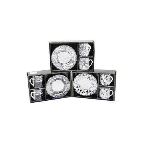 SİYAH - BEYAZ 4PCS=2-TAKIM  PORSELEN KAHVE FİNCANI  ÇİÇEK - ÇİZGİ - NOKTA MİX DESEN 
