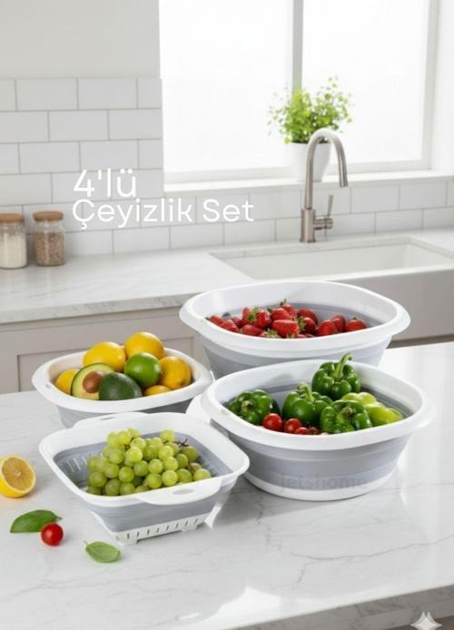 Çeyizlik 4’lü Katlanır Badya Leğen Süzgeç Seti – Akordiyon Tasarım, Yer Tasarrufu