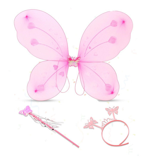 Pembe Kelebek Kız Seti – 50 Cm Kelebek Kanadı, Taç Ve Asa