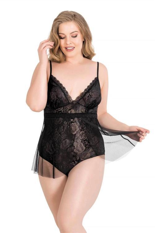 Secret Büyük Beden Siyah Bodysuit Jakarlı Gecelik