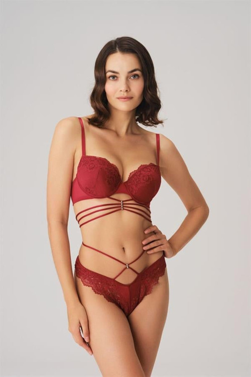 Aria's Closet Balenli Destekli Dolgulu Göbek Detaylı Dantelli Sütyen ve String Takım