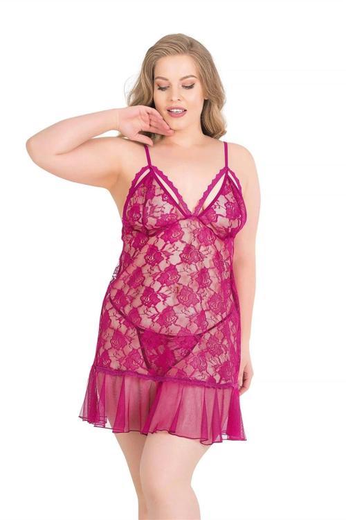 Secret Büyük Beden Vişne Kısa Tül Gecelik