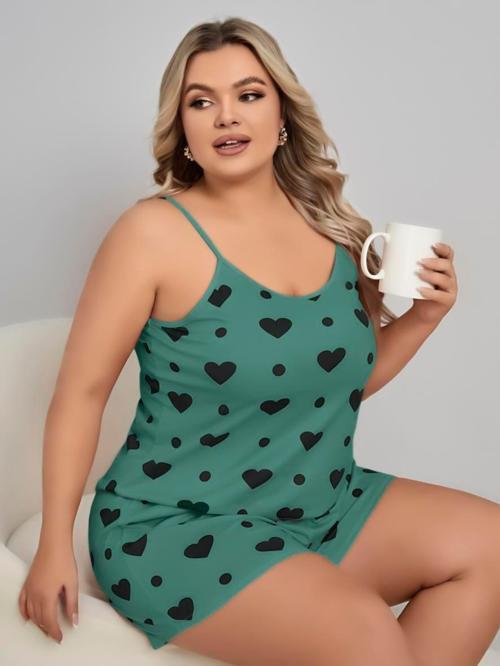 Aria's Closet Büyük Beden Yeşil Kalp Desen Pamuklu Şortlu Pijama Takımı