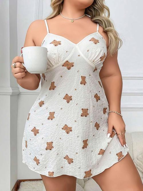 Aria's Closet Büyük Beden Ayıcık Desenli Pamuklu İnce Askılı Mini Gecelik