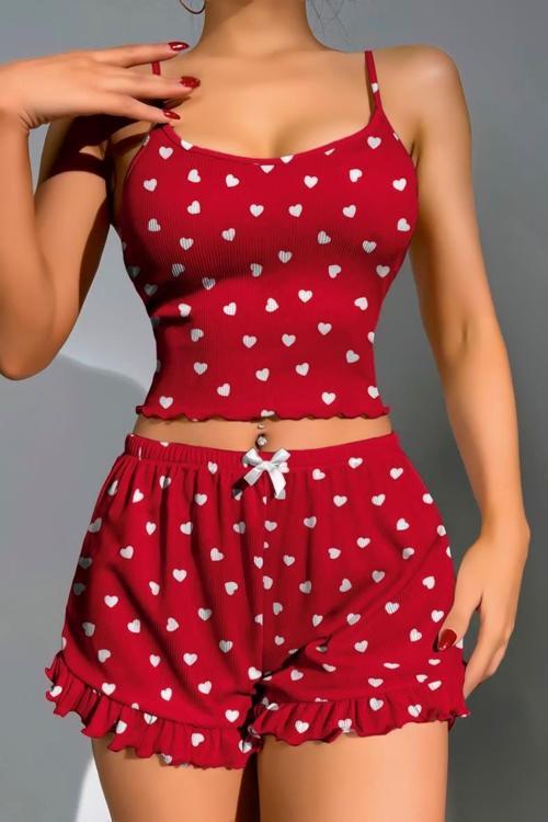 Aria's Closet Pamuklu Kırmızı Üstüne Beyaz Kalp Desen Fitilli Askılı Şortlu Pijama Takımı
