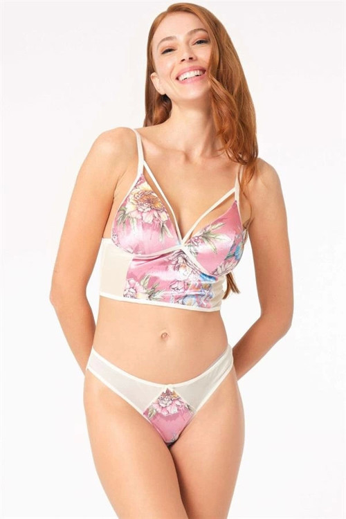 Aria's Closet Kadife Balensiz Desteksiz Dolgusuz Yaka Detaylı Çiçek Baskılı Bralet Sütyen ve Slip Ta