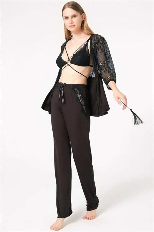 Aria's Closet Dantelli Sabahlık Balensiz Desteksiz Dolgusuz Yaka Detaylı Sütyen ve Pantolon Pijama 3