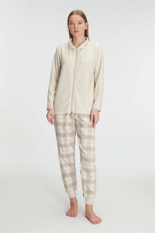 Aria's Closet Fermuarlı Uzun Kol Sweatshirt Pantolon Takım Viskon ve Pamuklu Pijama Takımı