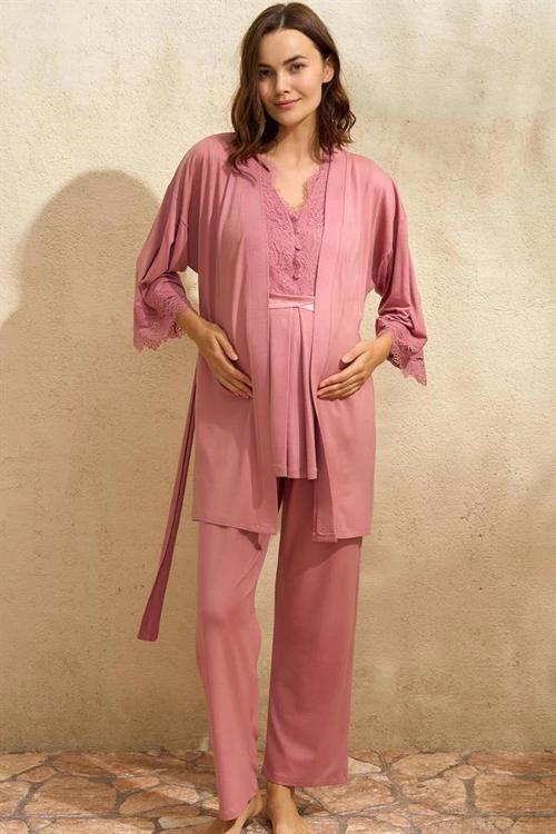 Aria's Closet Sıfır Kol V Yaka Kadın Viskon Düz Yazlık Uzun Dantel Detaylı Hamile Pijama Takımı Saba