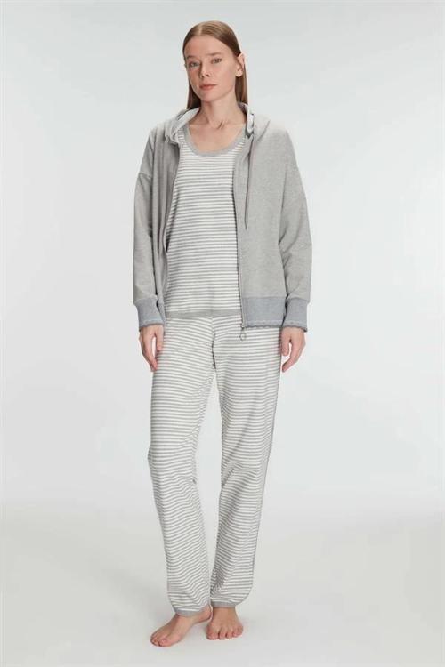 Aria's Closet Pamuklu Uzun Kol Fermuarlı Swearshirt Sıfır Kol T-Shirt ve Pantolon Pijama Takım