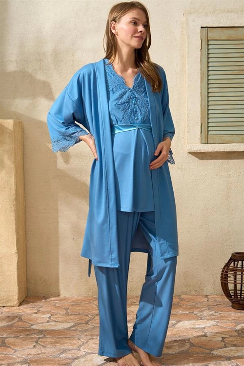 Aria's Closet Sıfır Kol V Yaka Kadın Viskon Düz Yazlık Uzun Dantel Detaylı Hamile Pijama Takımı Saba