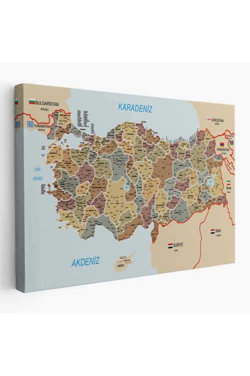 Türkiye Haritası Kanvas Tablo İl Ve İlçeli Ayrıntılı Eğitici Komşulu Tablo 3022