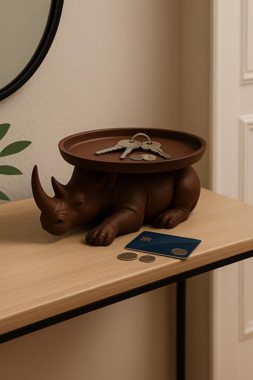 Dekoratif Gergedan Sunumluk Çok Amaçlı Pratik Ev Gereçleri Kahve (Vegan Üretim)