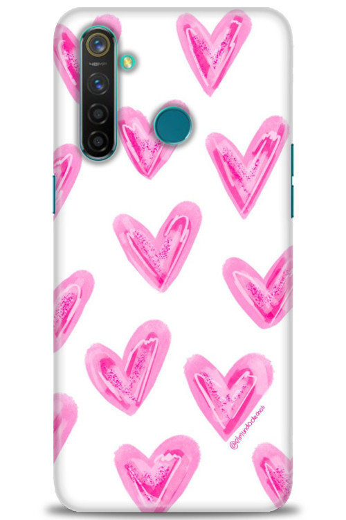 Realme 5 Pro Kılıf HD Baskılı Kılıf - Pembe Kalpler