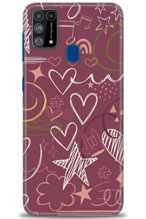 Samsung Galaxy M31 Kılıf HD Baskılı Kılıf - Notalar ve Kalpler Bordo