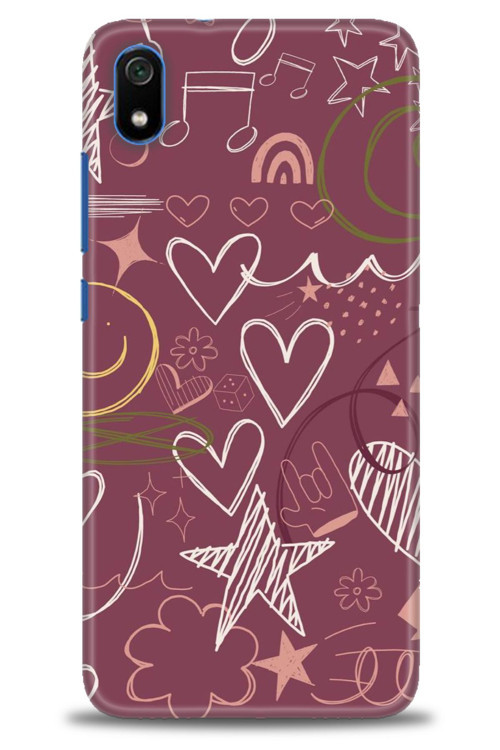 Xiaomi Redmi 7A Kılıf HD Baskılı Kılıf - Notalar ve Kalpler Bordo