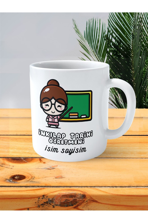 Art hedi̇ye inkılap tarihi öğretmeni baskılı kupa bardak isimli kişiye özel kadın yeşil tahta