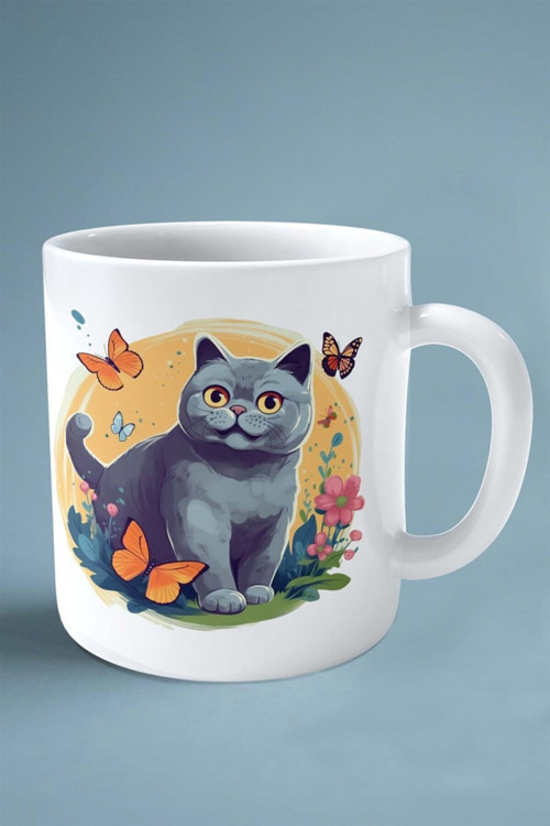 Art hedi̇ye British Shorthairt kedi isimli Kişiye Özel Baskılı Kupa Bardak kelebek