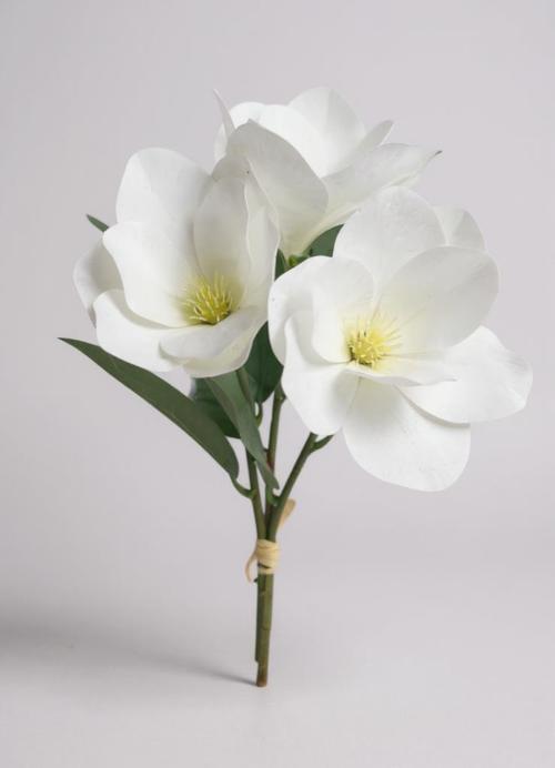 Yapay Çiçek 3Dallı Buket Manolya Gerçek Dokulu Magnolia 32cm BEYAZ