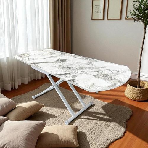 Oval Yan Baştan Açılır Akıllı Masa Üst Mdf LBeyaz Mermer Alt Ayak Beyaz Renk