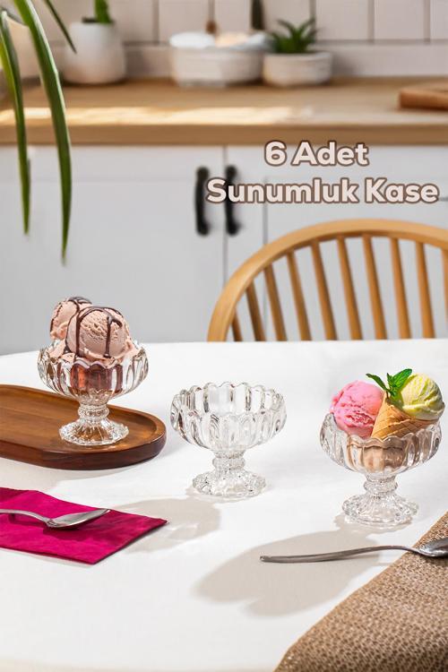 Mimoza Cam Kase Puding Tatlı Ve Dondurma Kasesi 6'lı Kase Çerez Seti