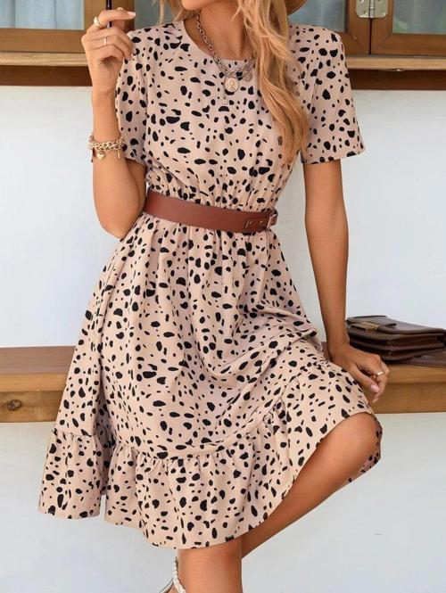 Kadın Kısa Kollu Bisiklet Yaka Desenli Süprem Elbise