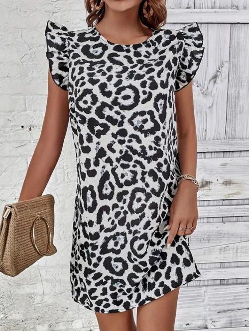 Kadın Kısa Kollu Kolları Fırfır Detay Arkası Bağlamalı Leopar Desen Kolsuz Mini Mikro Elbise