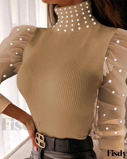 Kadın Balıkçı Yaka Kolları Tül Inci Detay Fırsat ürün Bluz