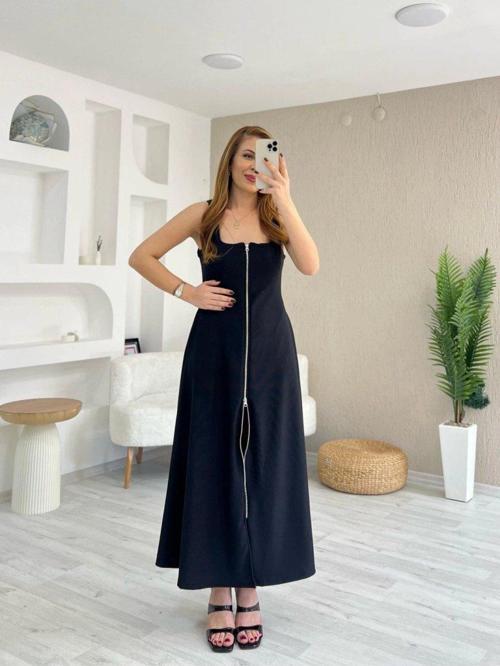 Kadın Askılı Kare Yaka önden Fermuarlı Geniş Kesim Janjan Krep Elbise