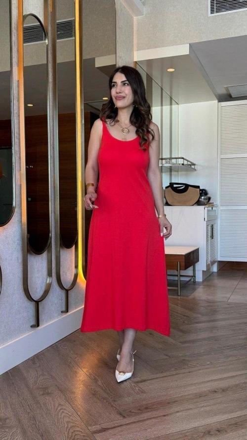 Kadın Askılı Yuvarlak Yakalı Viskon Elbise