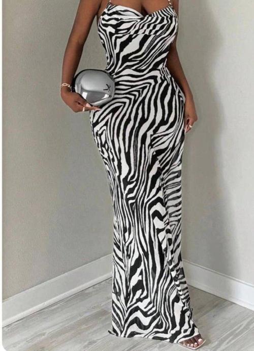 Kadın Kadın Ip Askılı Dökümlü Yaka Zebra Desen Maxi Boy Elbise