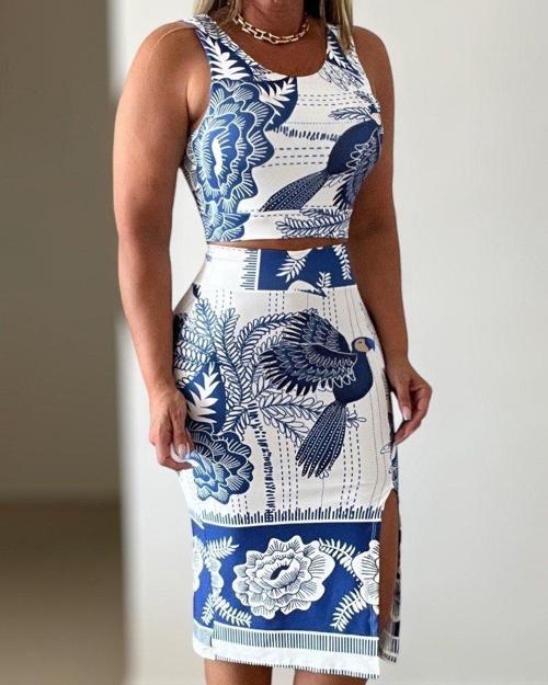 Kadın Sıfır Kollu Yuvarlak Yaka çiçekli Desenli Süprem Crop Ve Yırtmaçlı Etek Ikili Takım