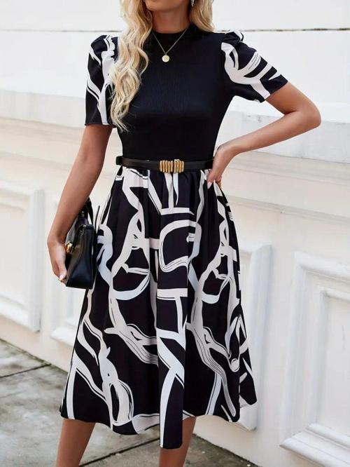 Kadın Kısa Kollu Yarı Balıkçı Yaka üst Viskon Alt Desenli Dokuma Midi Elbise