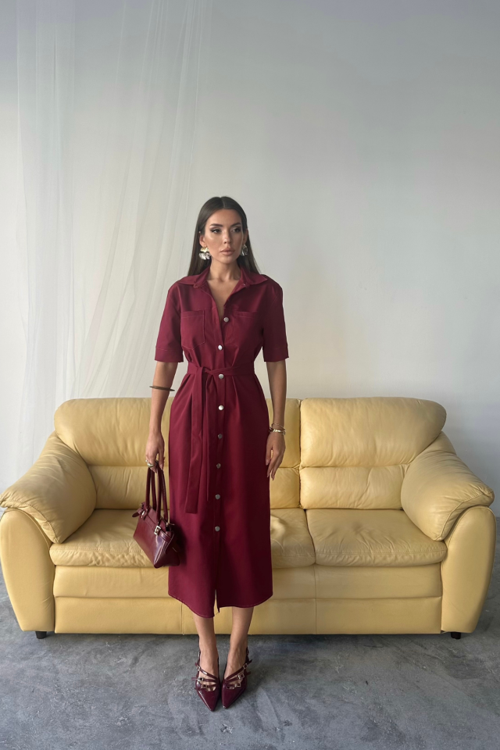 TENCEL ÖNDEN DÜĞMELİ KISA KOL ELBİSE - Bordo