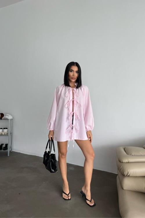 GÖMLEK POPLİN HAKİM YAKA ÖNDEN BAĞLAMA İP DETAYLI - Pembe