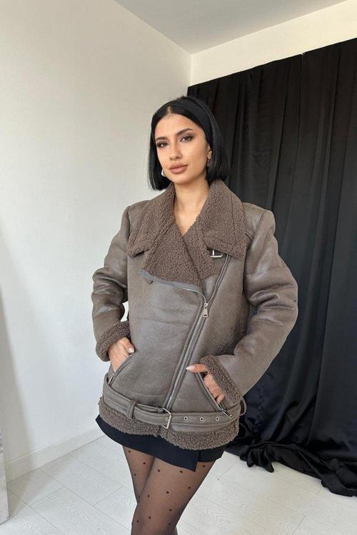 Haki Apoletli Kürklü Ceket