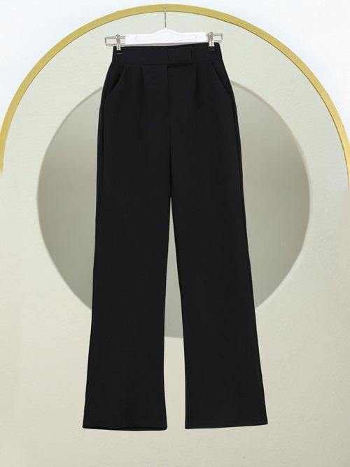 Cırtlı Fermuarlı Palazzo Pantolon -Siyah