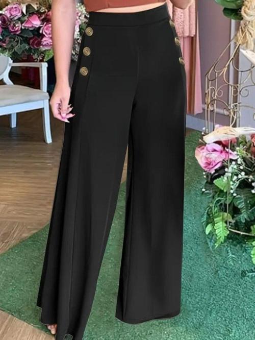 Kadın Yüksek Bel Yan Düğme Detaylı Geniş Paçalı Ithal Krep Pantolon