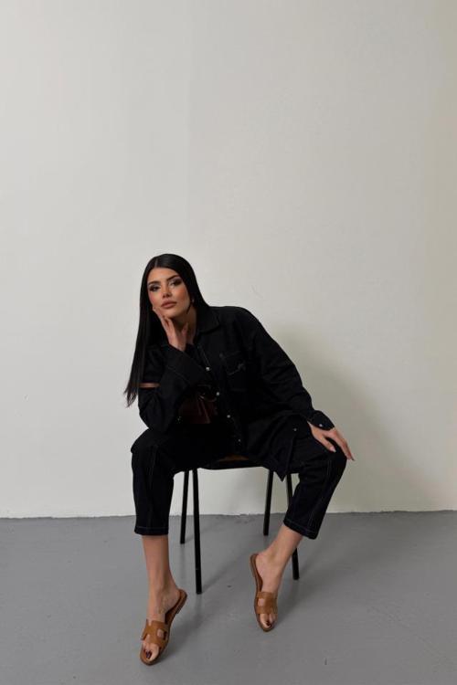 DENİM PUNTOLU GÖMLEK-PANTOLON TAKIM - Mavi